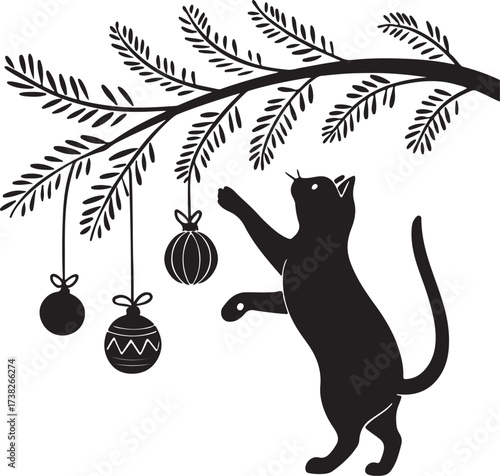Vector silhouette of a curious cat playing with Christmas ornaments hanging from a branch