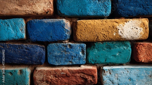 Colorful Painted Bricks Bright Blue Yellow Green Red Wall Background