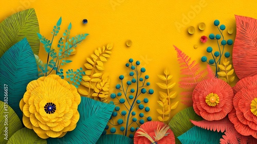Colorful Paper Flower Art with Bright Yellow Background for Creative Design