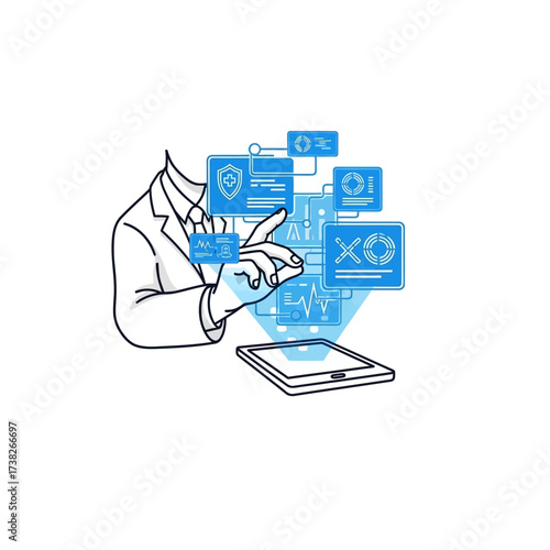 Doctor in lab coat interacting with a digital interface projected from a tablet, displaying medical data and security symbols.