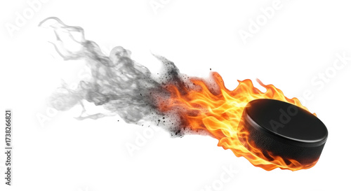 Canvas Print Isolated Hockey Puck Burning with Flames and Emitting Smoke on a Bright Surface