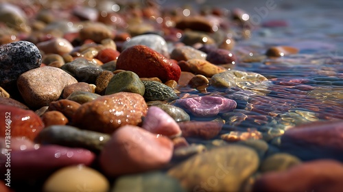 Colorful Pebbles on Shoreline with Clear Water in Bright Sunlight