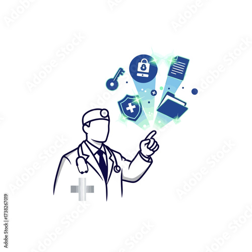 A doctor in a white coat points to digital icons representing data security, including a phone, key, shield, documents, and folder.