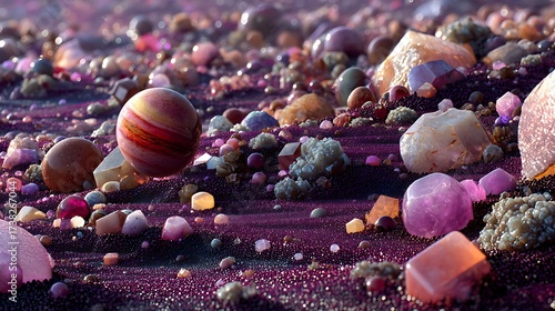 Colorful Planetary Landscape with Various Rocks and Spheres in Surreal Artistic Style
