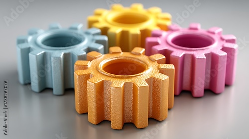 Colorful Plastic Gears in Bright Orange Pink Yellow and Blue on Smooth Surface