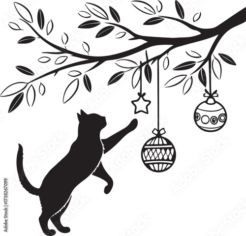 Vector silhouette of a curious cat playing with Christmas ornaments hanging from a branch