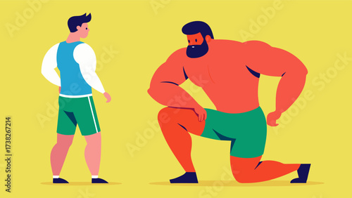 A man stares longingly at the size of his friends calves feeling selfconscious about his own.. Vector illustration