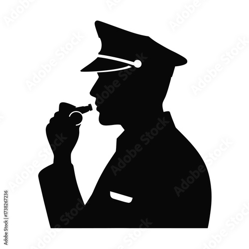 Silhouette of a police officer whistling wearing a cap