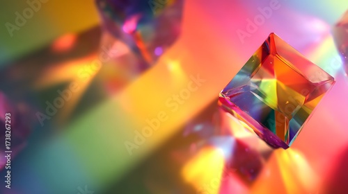 Colorful Rainbow Prism with Light Reflections and Vibrant Colors on Glass Surface