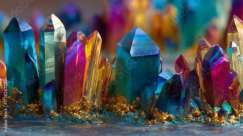 Colorful Rainbow Quartz Crystals Vibrant Display on Dark Surface