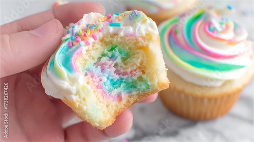 Colorful Rainbow Swirl Cupcake with Sprinkles Hand Holding Sweet Treat