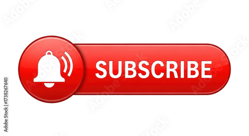 Isolated red subscribe notification button with bell icon for channel, media, social networks