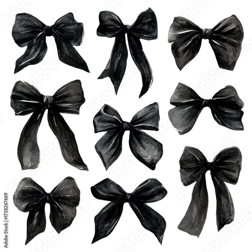 Vector illustration set, My Watercolor illustration, set of black elegant bows. Vintage bows made painting isolated on a white background, An EPS painting design, 