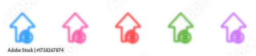Dollar sign neon icon isolated, Glowing money growth symbol, Bright financial upward trend, Neon profit increase arrow, or Shiny currency value icon vector illustration