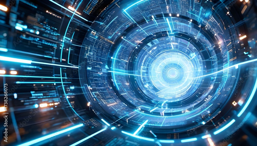 Fototapeta premium A journey through a futuristic digital tunnel of glowing blue light and complex circuitry.