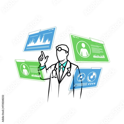 Illustration of a doctor managing digital patient records and health data on futuristic screens.