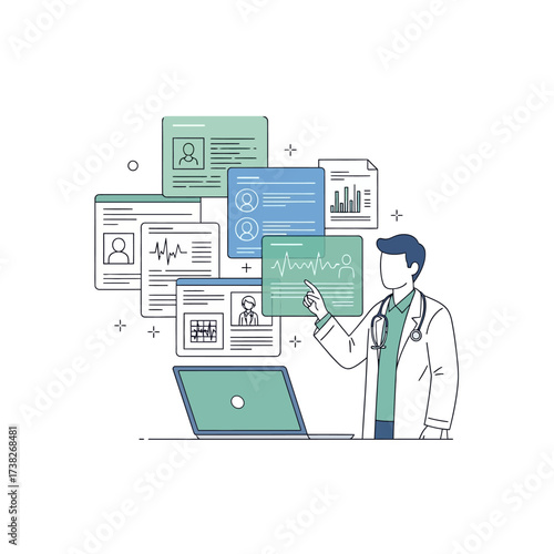 A doctor analyzes electronic health records and patient data on a futuristic digital interface.