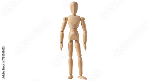 Foto Isolated art mannequin figure stands with one knee bent, wooden anatomical refer