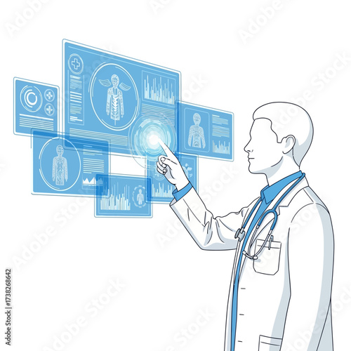 A doctor in a lab coat interacts with a futuristic holographic interface showing patient medical data and scans.