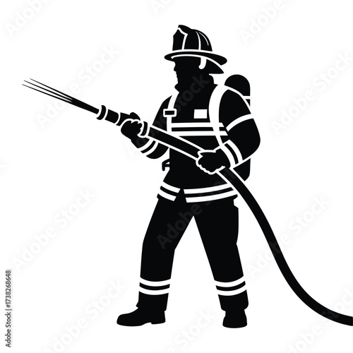 Silhouette of a brave firefighter holding a hose ready to extinguish flames
