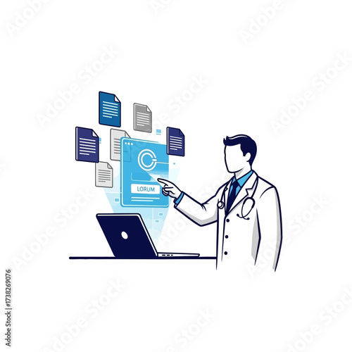 A doctor interacting with a futuristic digital interface displaying medical records and data on a laptop screen, symbolizing healthcare technology and information management.