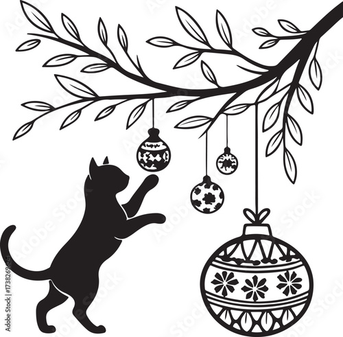 Vector silhouette of a curious cat playing with Christmas ornaments hanging from a branch
