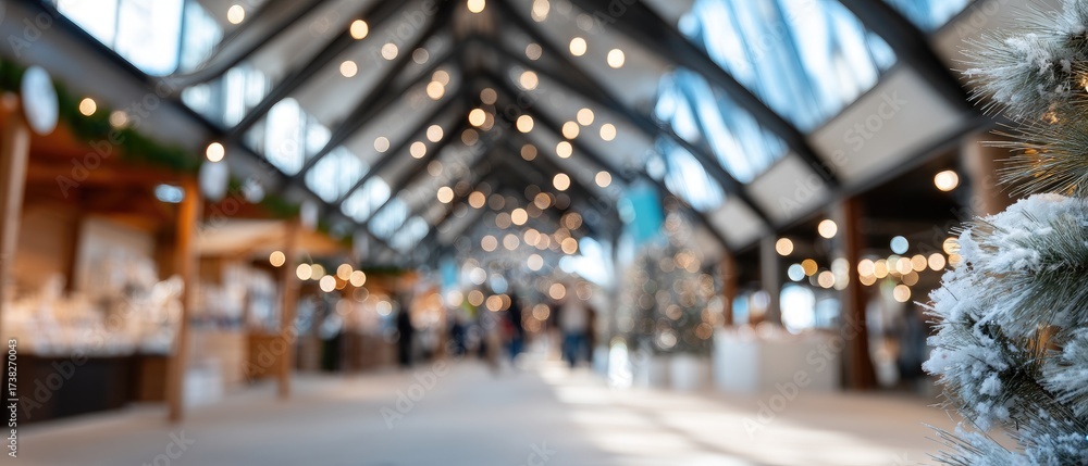 Obraz premium Festive winter market scene with vibrant lights, decorated trees, and bustling visitors in a cozy indoor space