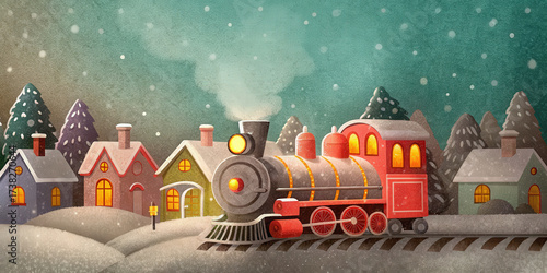 Charming holiday lifestyle scene with vintage train passing snowy houses and pine trees under peaceful Christmas snowfall
