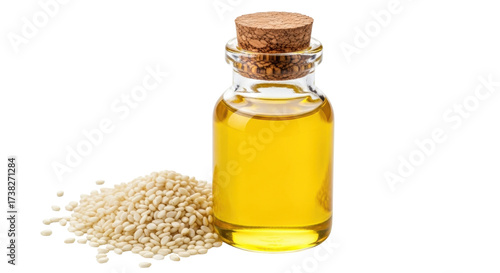 Isolated oil in a glass bottle with a cork top and sesame seeds next to it, nutritious oil
