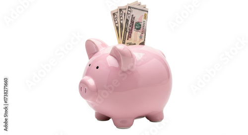 Isolated ceramic pink piggy bank with fifty dollar banknotes, saving money for the future