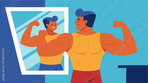 Looking in the mirror he ed in his stomach and flexed his arms trying to create the illusion of a larger more defined physique.. Vector illustration