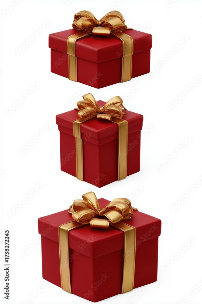 Fototapeta premium Red gift boxes with golden ribbons arranged vertically on white background
