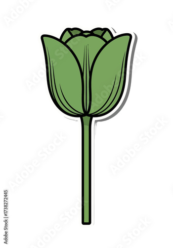 Flat Green Tulip Flower Sticker Vector Illustration