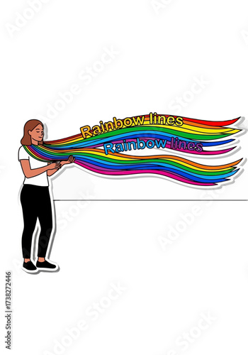 Flat Vector Illustration of Woman Holding Rainbow Lines