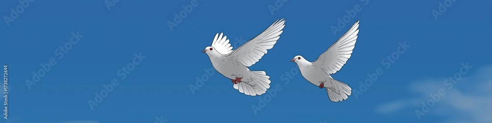 Fototapeta premium Two white doves flying in clear blue sky