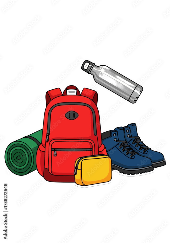 Naklejka premium Flat Cartoon Vector Illustration of Essential Hiking Camping Gear