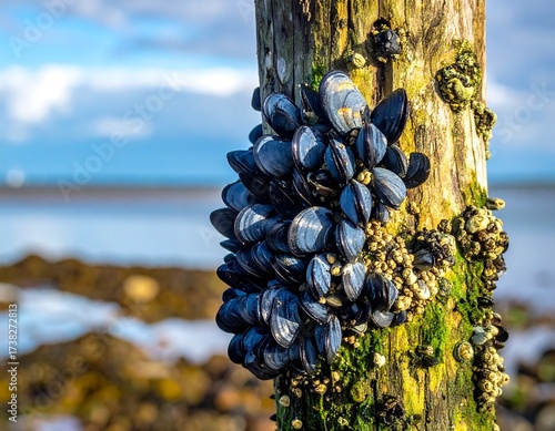 Wallpaper Mural Mussels Attached to Wooden Post, Coastal Scene. Torontodigital.ca