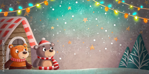 Two bears wearing scarves and hats enjoy cozy holiday lifestyle under glowing lights and falling snow during magical Christmas night