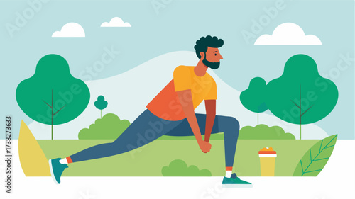 A man stretching in a park after a run incorporating flexibility training into his fitness routine.. Vector illustration