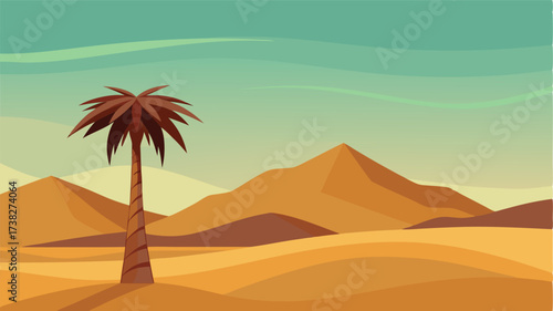 A solitary palm tree stands tall amidst the barren desert hills a beacon of life in a desolate land.