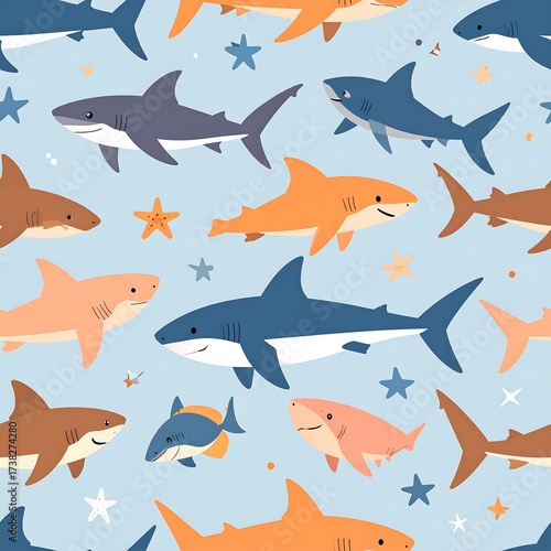 Cute shark pattern on light blue background (1)