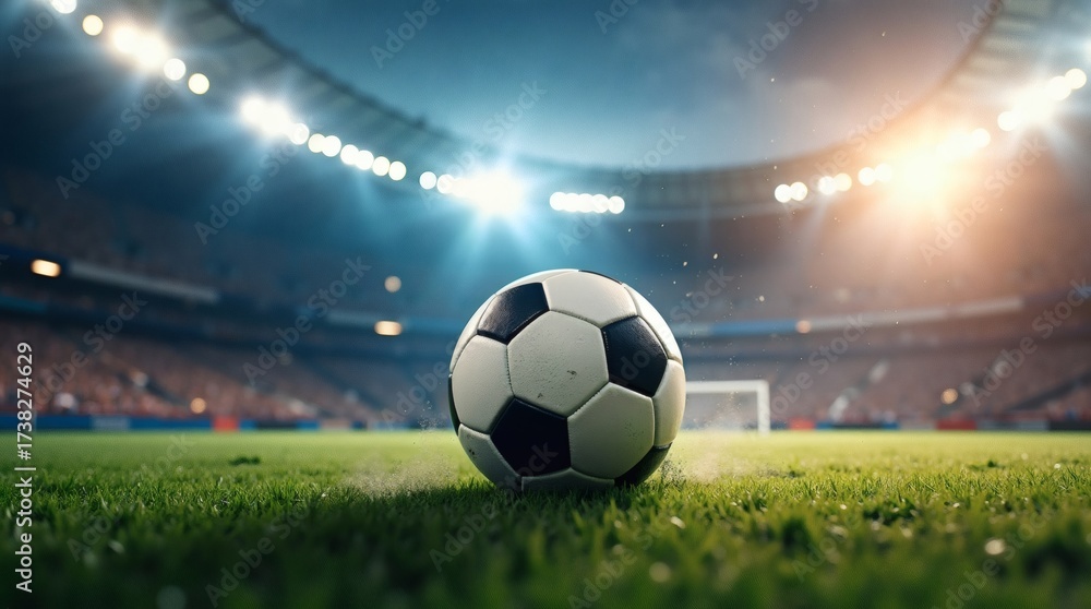 Naklejka premium Soccer ball on green grass in stadium under floodlights
