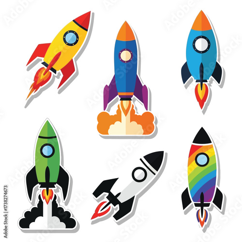 Dynamic collection of vibrant cartoon rockets launching into space, symbolizing adventure, innovation, and exploration with bold colors and energetic flames.