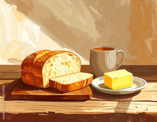 Gouache-style illustration of a simple breakfast: sliced bread, butter, and tea. A rustic, comforting image for food, morning routine, and simple living.
