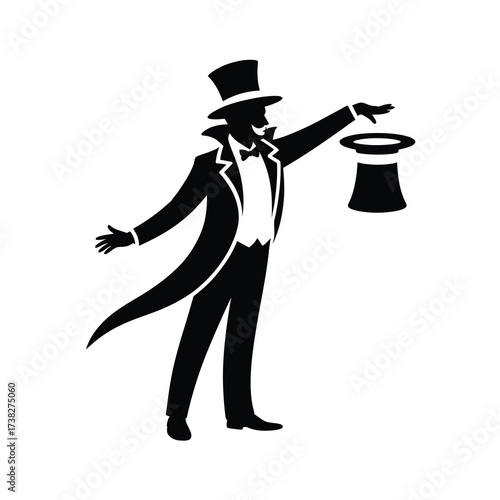 Magician silhouette with top hat and tuxedo performing a trick
