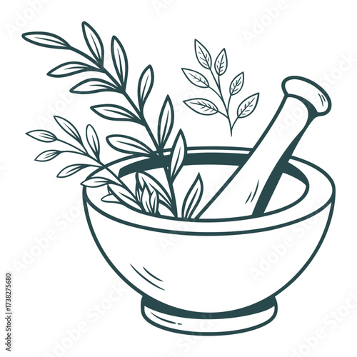 Hand drawn illustration of a mortar and pestle with fresh herbs and leaves symbolizing natural remedies and holistic wellness