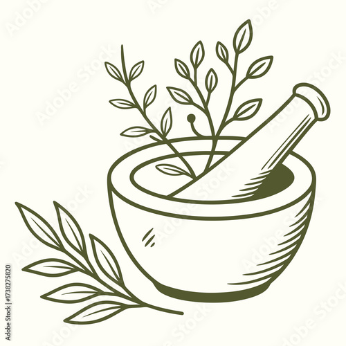 Herbalist s mortar and pestle with fresh green leaves and branches symbolizing natural remedies and organic ingredients