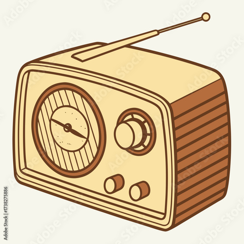 A charming vintage radio with a dial and knobs featuring a retractable antenna and a retro wood grain design