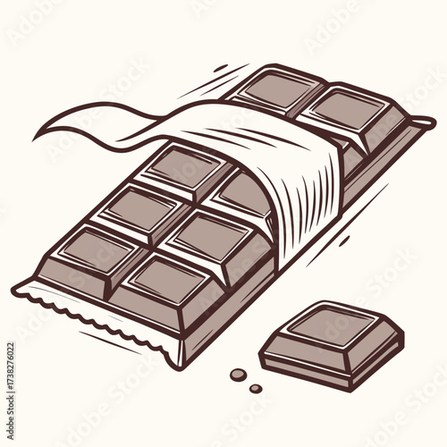 A delicious chocolate bar with a piece broken off and wrapper partially open on a light background