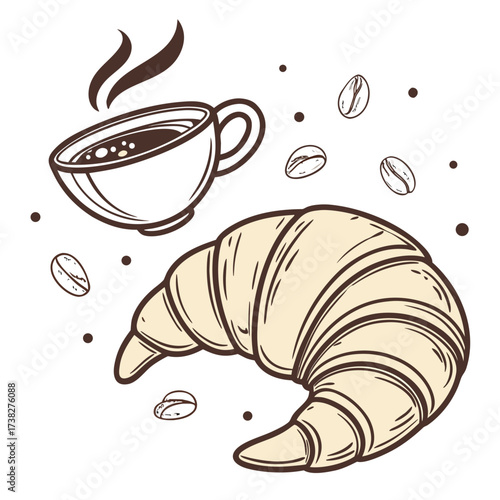 A delicious warm cup of coffee and a flaky croissant with scattered coffee beans on a white background